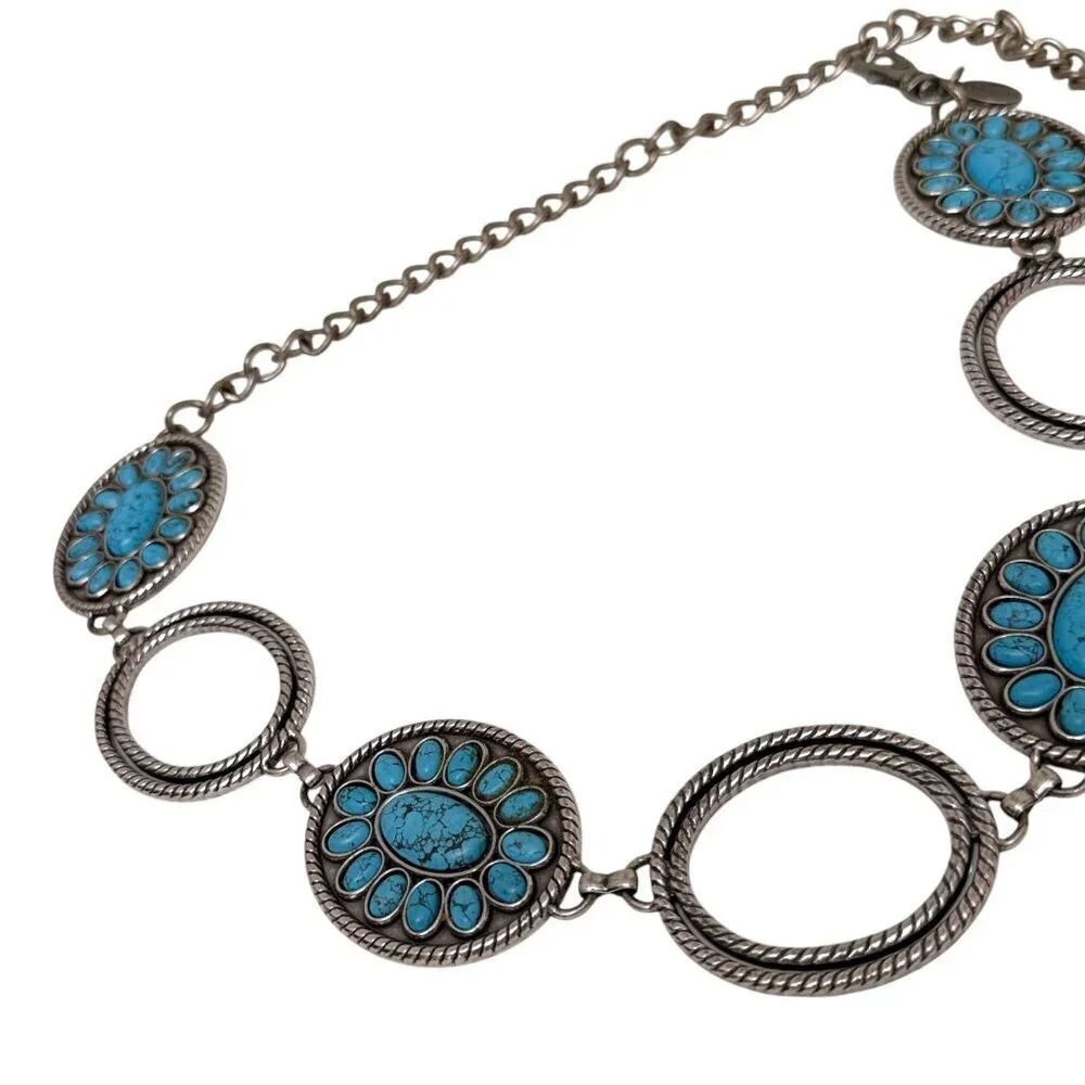 Chico's Link Belt Faux Turquoise Medallion Silvertone Chain Western Concho